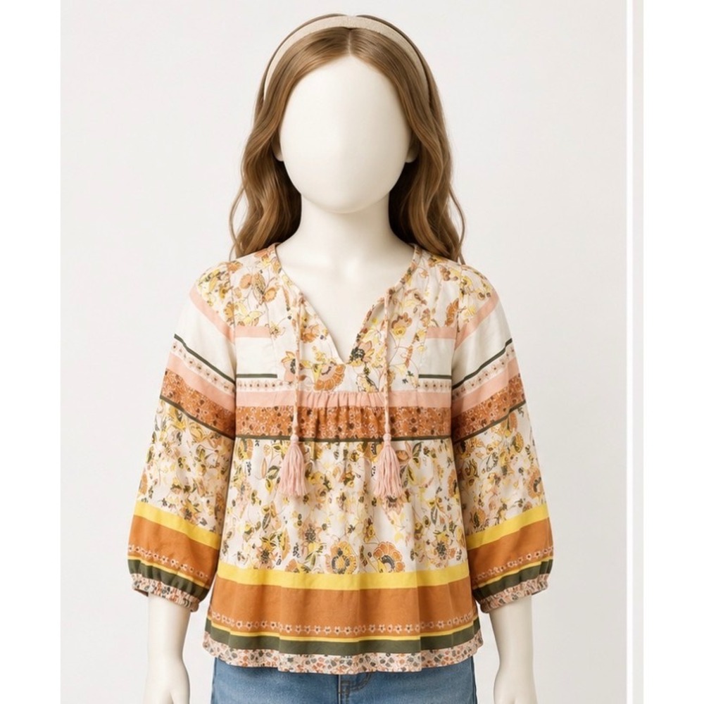 Chelsea & Violet Girls Floral Boho Tassel Blouse Orange Yellow Size S